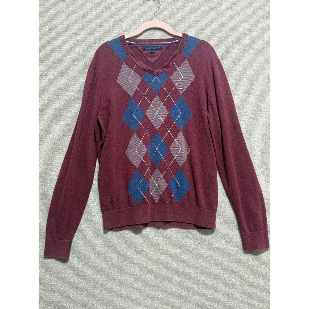 Tommy Hilfiger Sweater Mens Medium Burgundy Blue Argyle V Neck Pullover Classic
